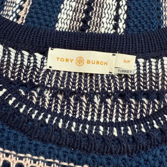 Tory Burch Women’s Navy Pink White Cotton Linen Scoop Neck Sweater Vest Small - Picture 7 of 9
